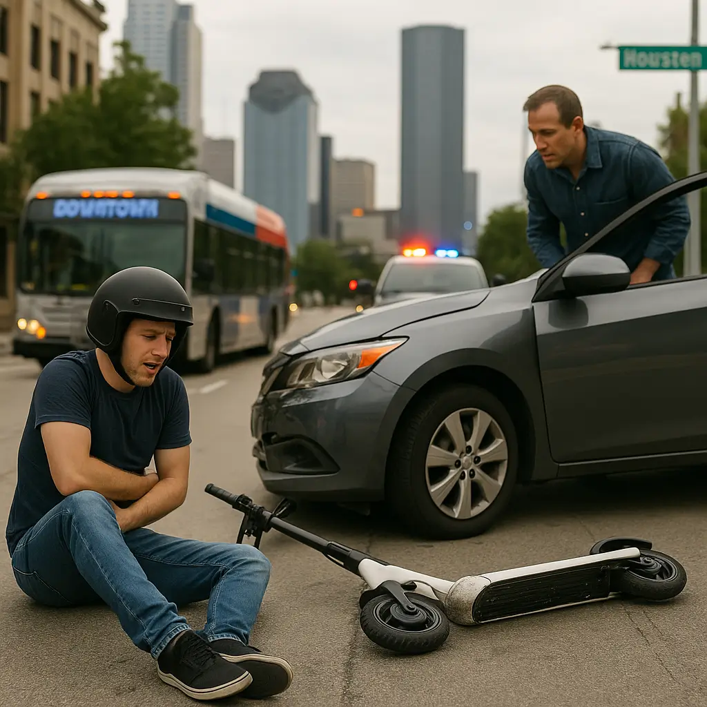 Injured e-scooter rider on the ground after a collision with a car on a Houston street