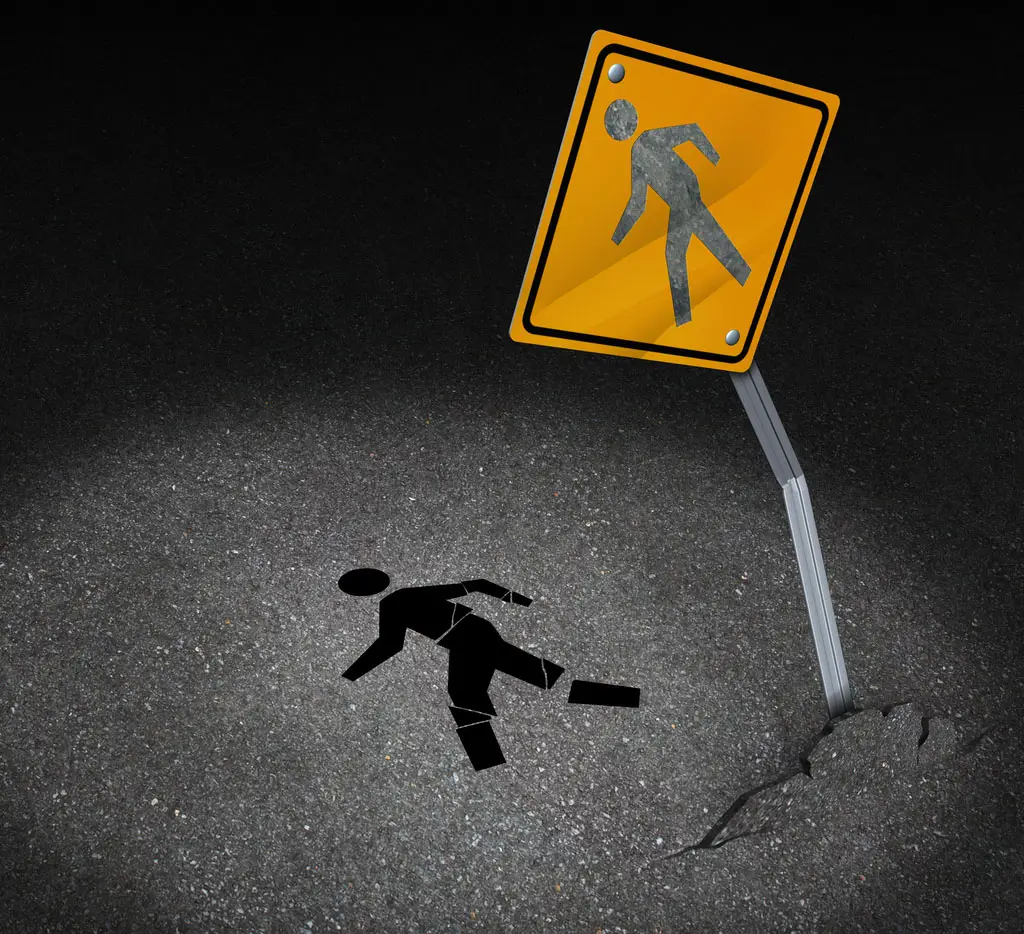 Illustration of injured pedestrian figure beneath a bent crosswalk sign on dark roadway