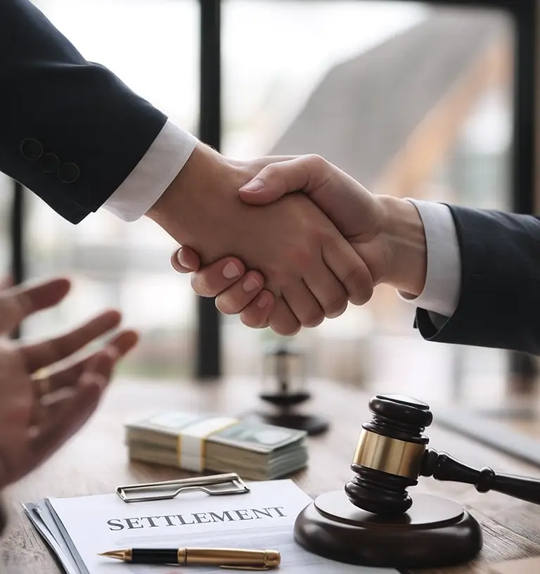 Close-up of a handshake in a legal office during a moped or scooter accident settlement meeting, symbolizing successful legal resolution.