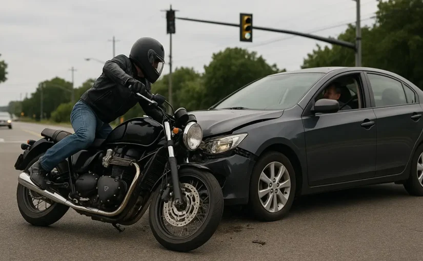 Motorcycle left-turn crash with a car at an intersection in Houston, Texas