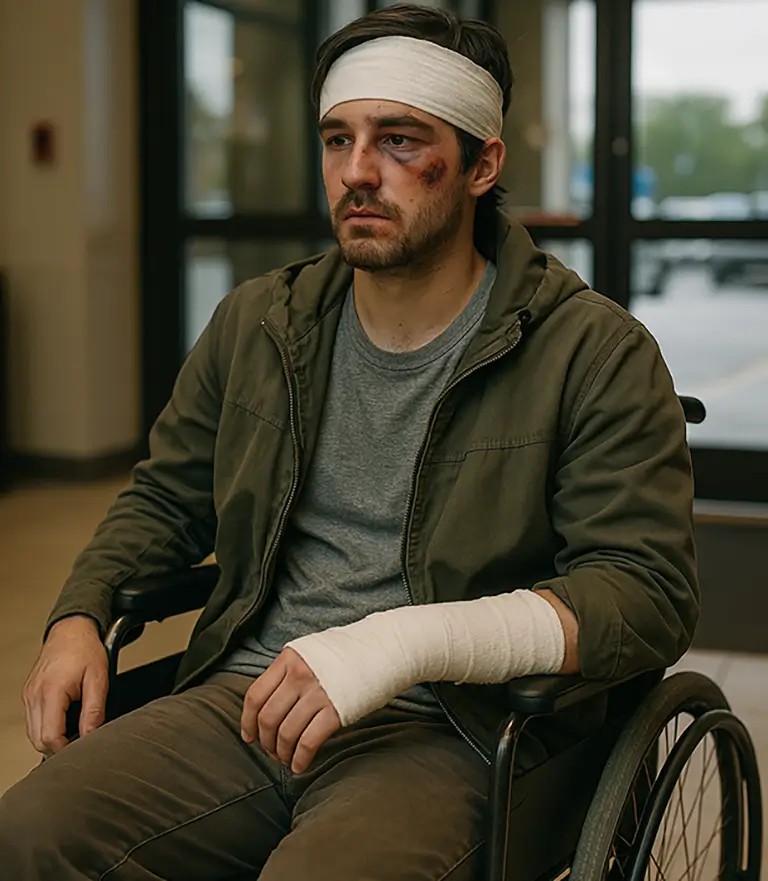 Injured man in wheelchair with head bandage and arm cast sitting in hospital lobby after accident