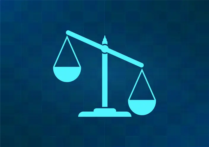 Tilted justice scale icon on a blue background, symbolizing how fault impacts motorcycle accident claims in Texas.