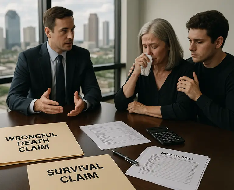 Attorney explaining wrongful death and survival claim folders to grieving family reviewing medical bills in office