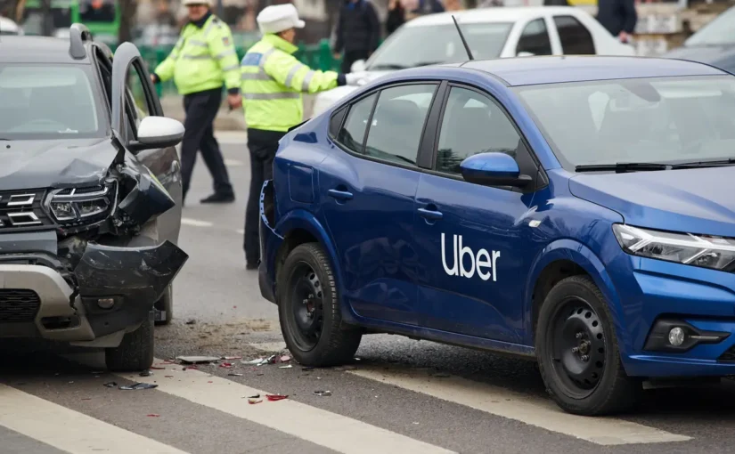 Uber/Lyft accident Houston insurance concept shown with a crashed rideshare vehicle at an intersection and police on scene.