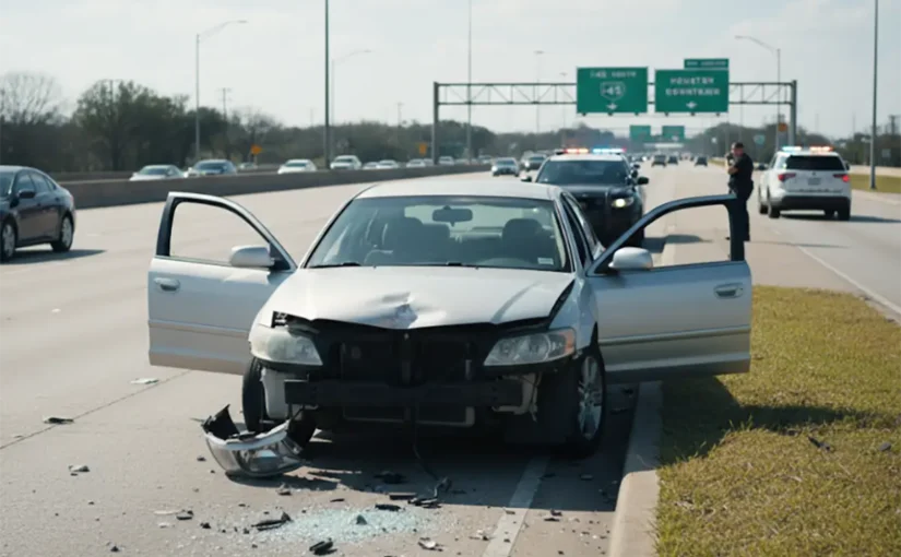 Hit and run claim in Houston involving a damaged vehicle on a highway as police respond to the crash scene.