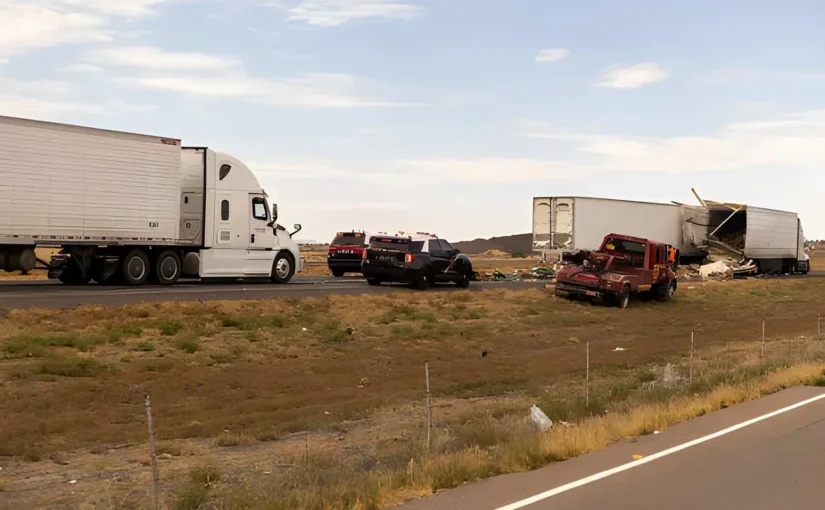 Multi-vehicle highway crash involving semi trucks, showing the complexity of 18-wheeler accidents in Texas.