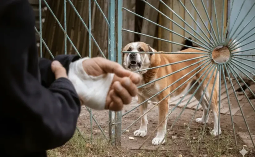 A dog bite injury victim with a bandaged hand stands near an aggressive dog in Spring, TX.