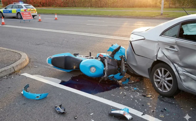 Crash scene involving a moped and a car, illustrating cases a Texas moped accident lawyer may investigate.