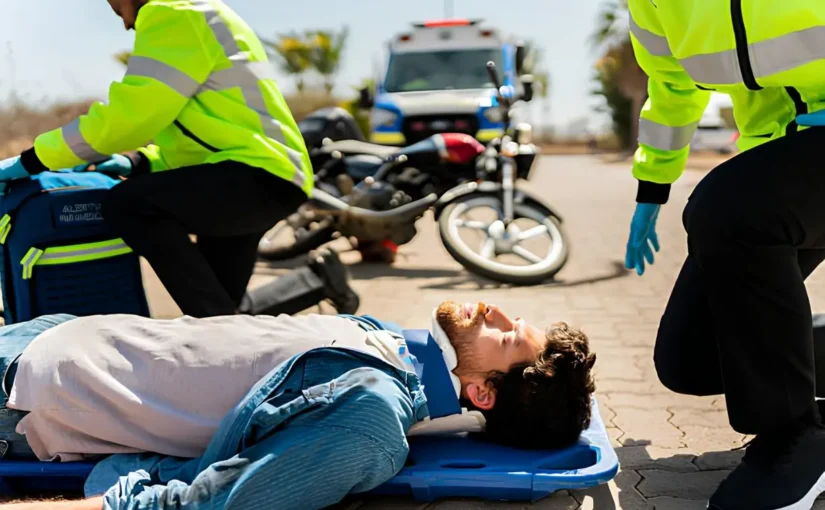 Emergency responders assisting an injured rider after a moped accident requiring a moped accident lawyer in Houston.