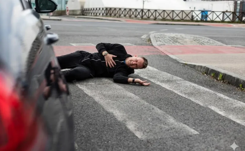 Injured man in a crosswalk after being hit by a car requiring a pedestrian accident lawyer in Houston.