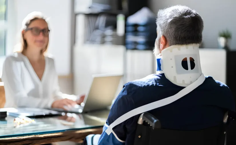 An injured person wearing a neck brace discusses the slip and fall statute of limitations in Texas with a legal professional.