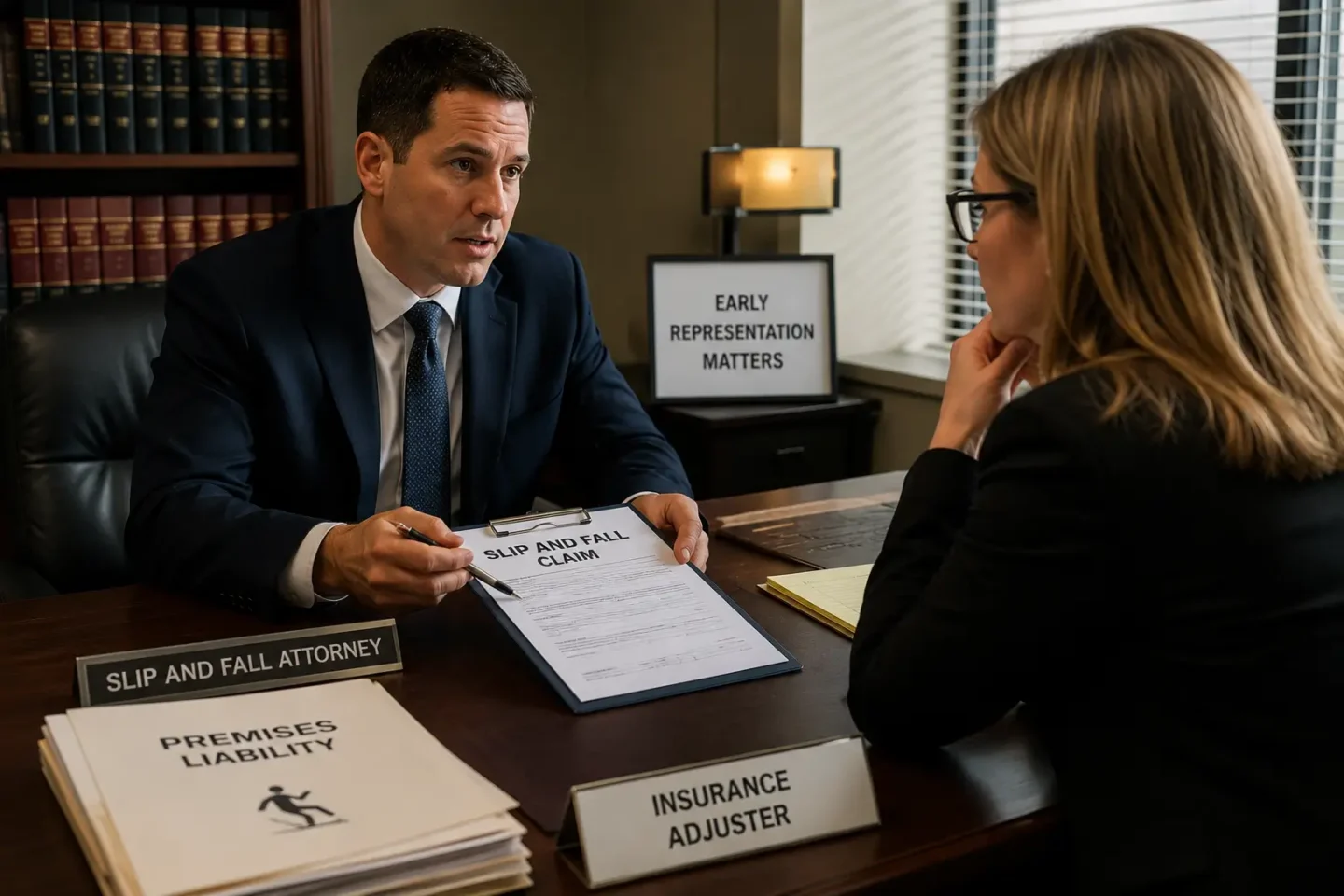 Texas slip and fall attorney discussing a premises liability claim with a victim during a legal consultation.